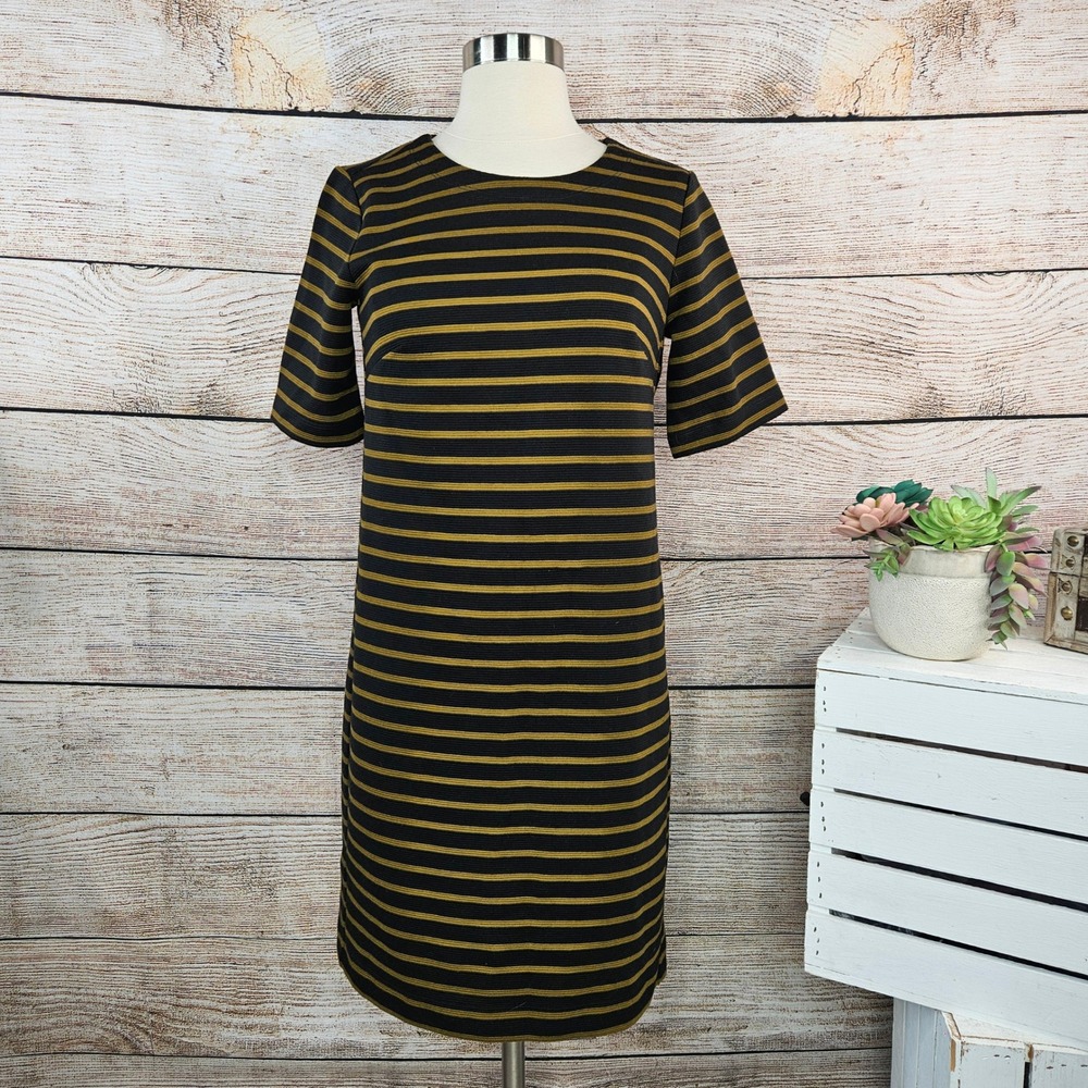 5/$25 LOFT Womens Striped Short Sleeve Dress Black Gold Career Casual‎ Small